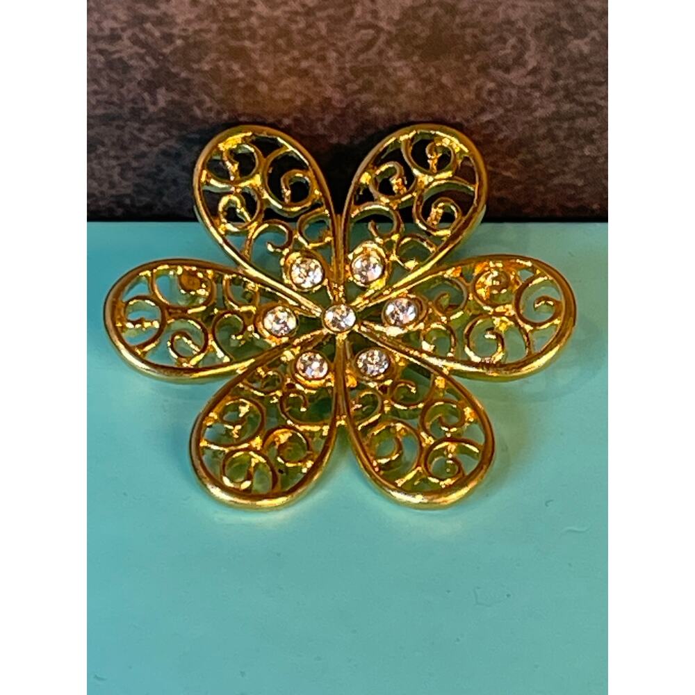 Vintage Trifari Gold Tone Filigree Flower Brooch with Rhinestones